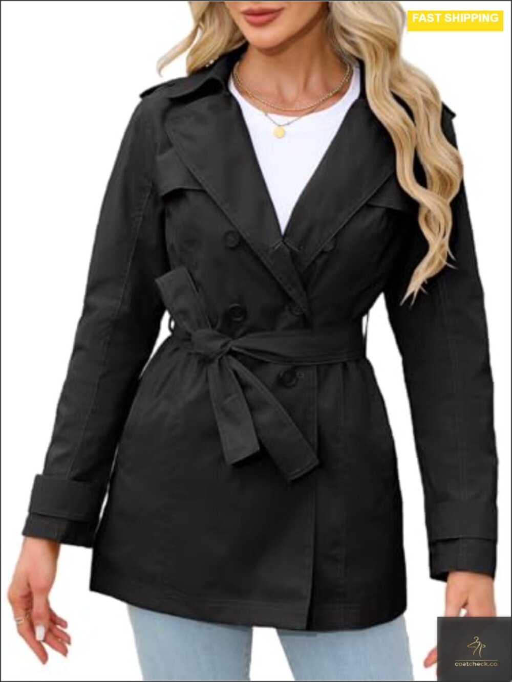 Women's Double-Breasted Classic Crop Trench Coat with Belted Polyester